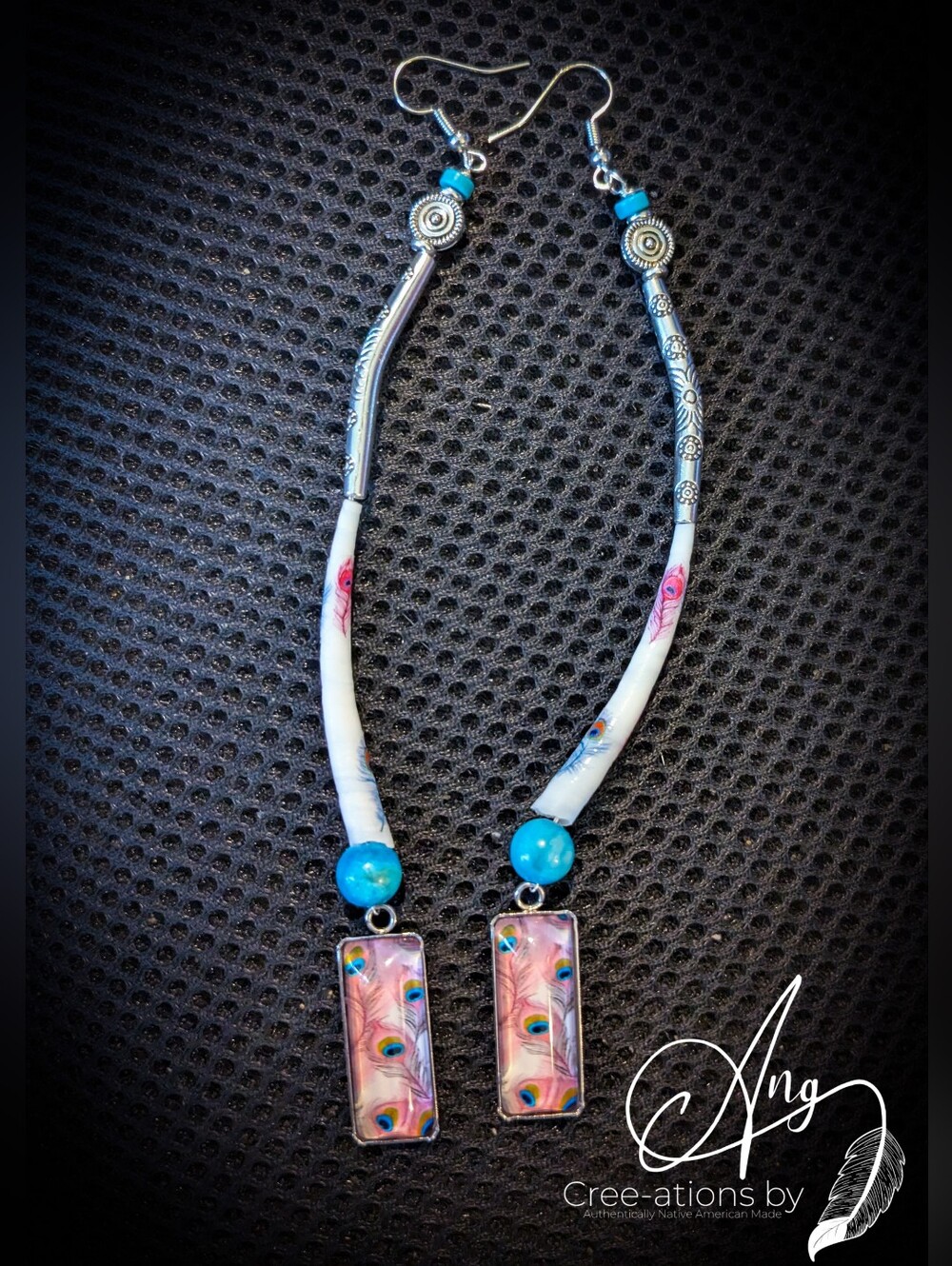 Pink Peacock Feather Art Drop Shell Earrings